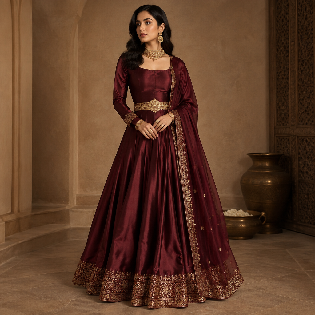A Female Dress design. satin + burgundy colour + golden jewellery + golden waist belt. India fashion aesthetics. Present it as professional fashion catalogue photography: the garment is the subject, shown full-length with editorial styling, neutral posing and tasteful, non-suggestive framing.
photorealistic fashion design, A Female Dress design. satin + burgundy colour + golden jewellery + golden waist belt. India fashion aesthetics. Present it as professional fashion catalogue photography: the garment is the subject, shown full-length with editorial styling, neutral posing and tasteful, non-suggestive framing., just the design no text