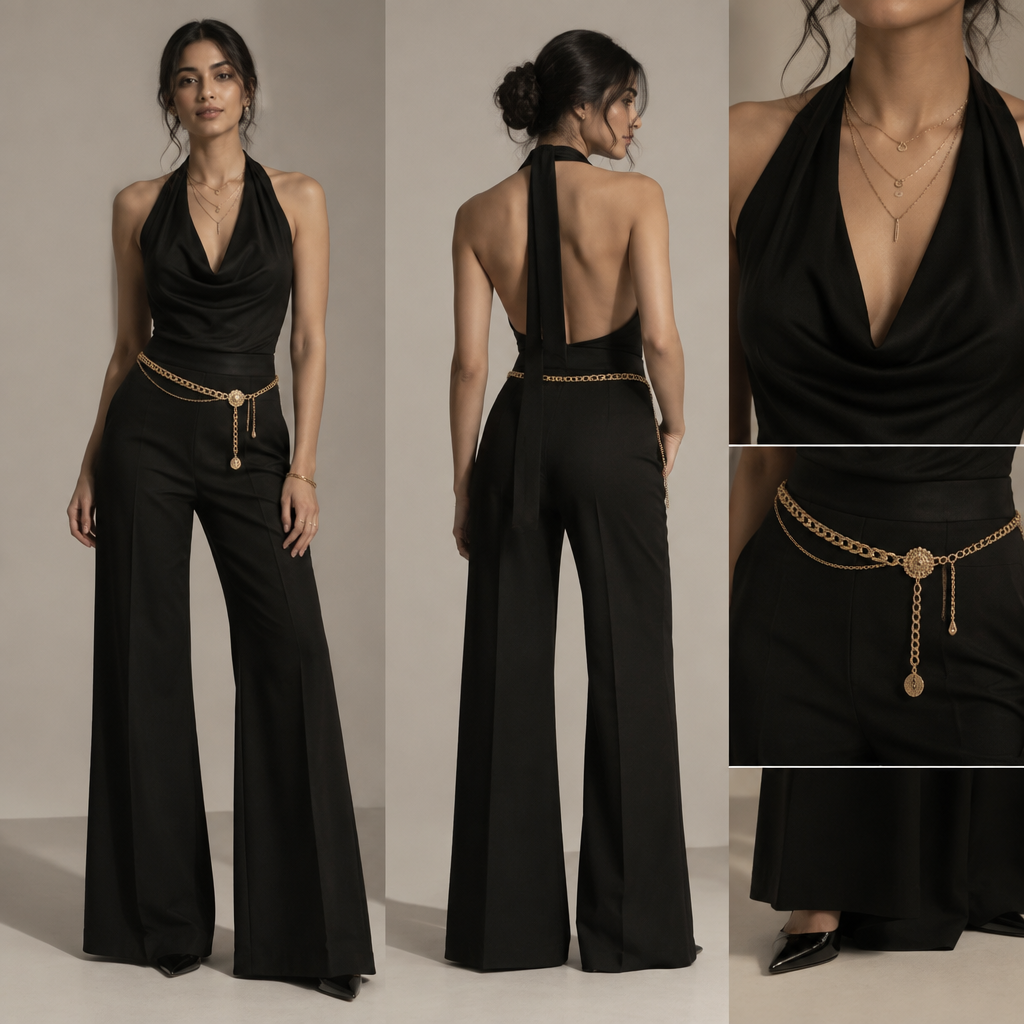 photorealistic fashion design, A Female fashion design, in Minimalist style. halter neck black top which is backless little bit and for the bottom black flared pants and and golden waist chain to give proportionate body with hourglass body and and for the footwear black pointed toe heels and 3 layers minimalist pendant and height should be 5 feet 7 inch. India fashion aesthetics. Present it as professional fashion catalogue photography: the garment is the subject, shown full-length with editorial styling, neutral posing and tasteful, non-suggestive framing., minimalist style, just the design no text. Refinement: waist should be defined and change waist chain with little bit of statement waist chain and and different version of halter neck too so that pendant should be visible too on skin
photorealistic fashion design, photorealistic fashion design, A Female fashion design, in Minimalist style. halter neck black top which is backless little bit and for the bottom black flared pants and and golden waist chain to give proportionate body with hourglass body and and for the footwear black pointed toe heels and 3 layers minimalist pendant and height should be 5 feet 7 inch. India fashion aesthetics. Present it as professional fashion catalogue photography: the garment is the subject, shown full-length with editorial styling, neutral posing and tasteful, non-suggestive framing., minimalist style, just the design no text. Refinement: waist should be defined and change waist chain with little bit of statement waist chain and and different version of halter neck too so that pendant should be visible too on skin , just the design no text