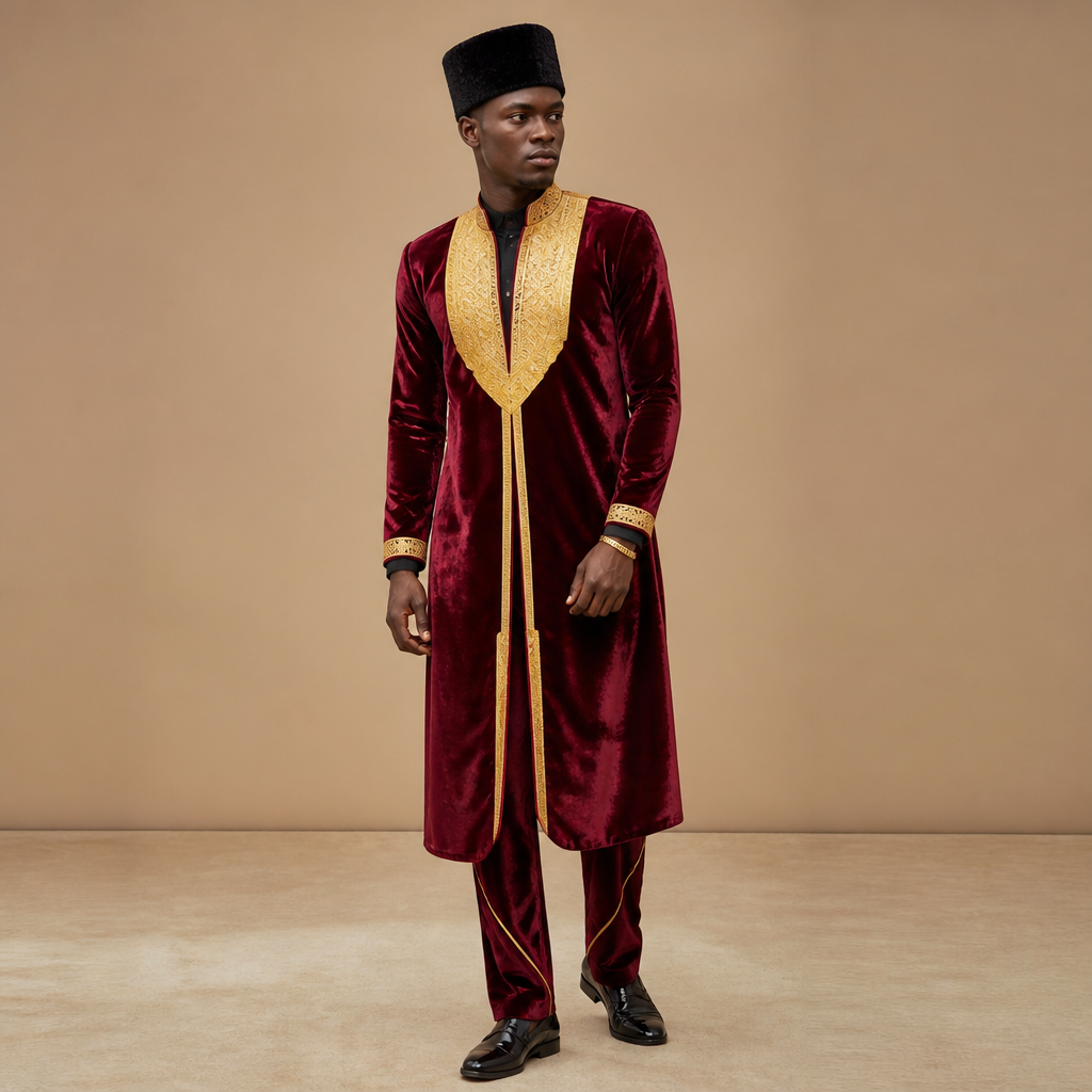A Male Dress design, suitable for Summer. the fabric should be velvet the dress color should be burgundy and gold and the shoes should be black the hat black. Ghana fashion aesthetics.
photorealistic fashion design, A Male Dress design, suitable for Summer. the fabric should be velvet the dress color should be burgundy and gold and the shoes should be black the hat black. Ghana fashion aesthetics., just the design no text