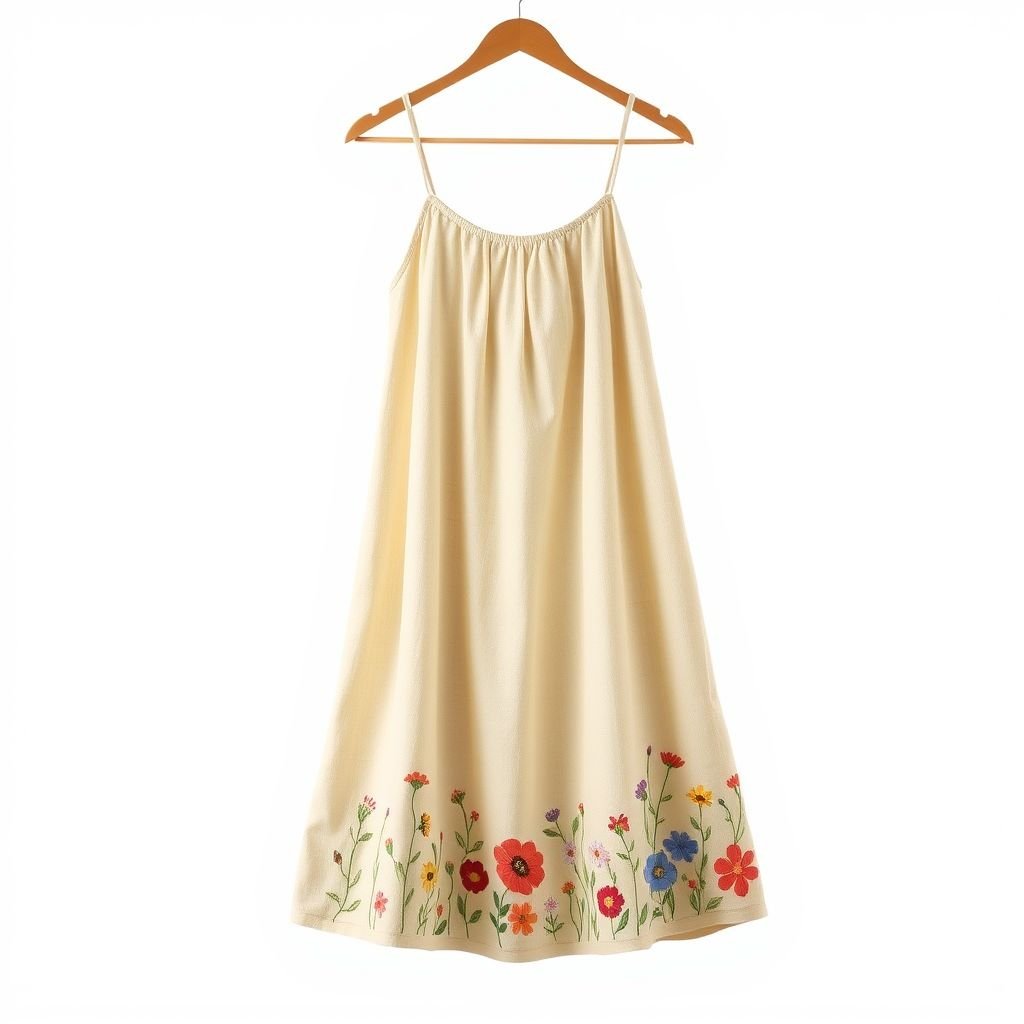 שמלת פשתן עם כתפייה דקה
Design a flowy, linen dress featuring delicate, spaghetti straps that gracefully highlight the shoulders. The dress cascades into a soft A-line silhouette, adorned with hand-embroidered wildflowers along the hem. The earthy tones of natural linen are complemented by vibrant pops of color in the floral accents, evoking a serene, bohemian vibe.