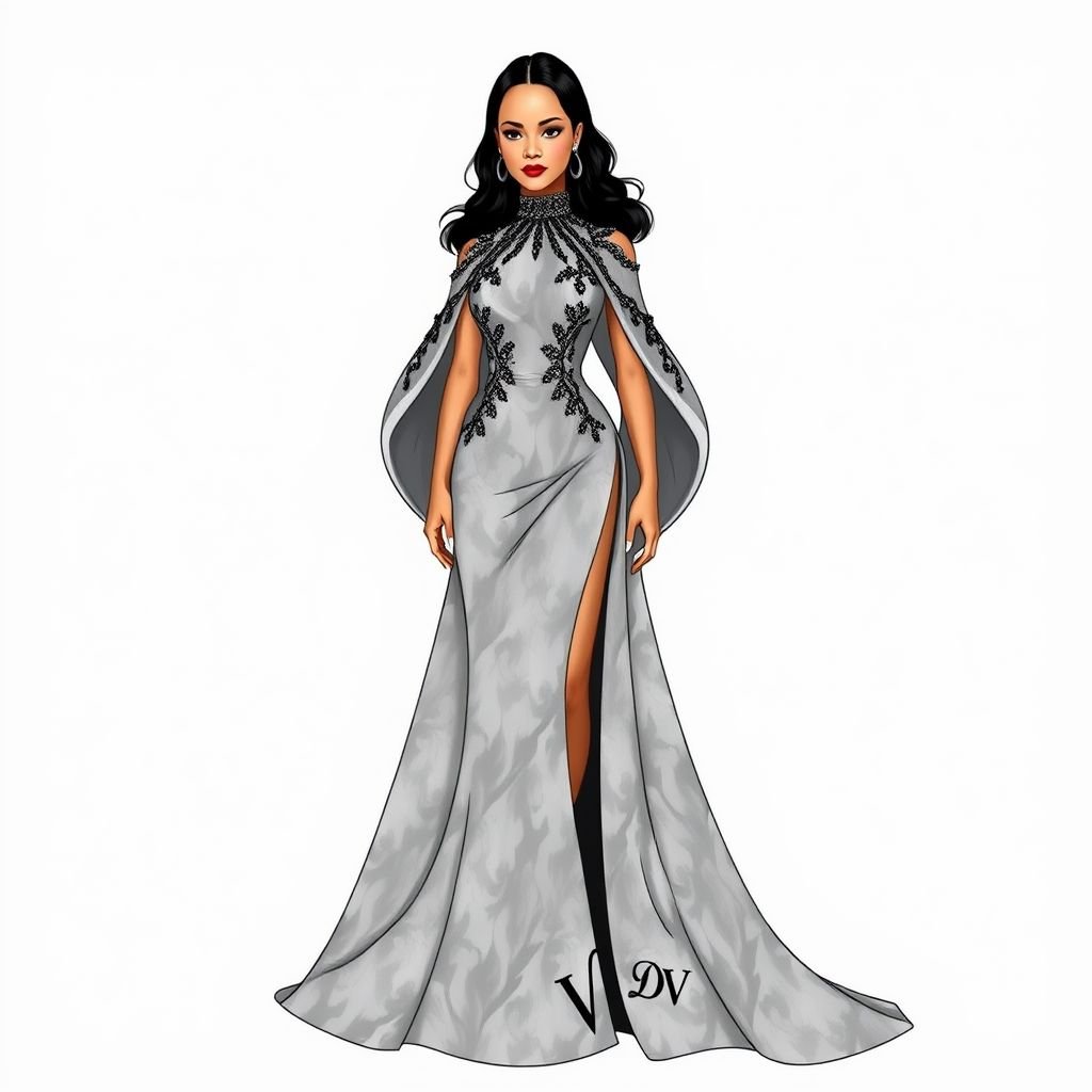 Create me a unique grey and black print met gala dress that resembles something rhianna would wear, but I want it to be modest and empowers a Met Gala look. Put “DV” on it somewhere
Design a stunning Met Gala gown in a luxurious grey and black print, embodying the essence of glamorous elegance that Rihanna would flaunt. The dress features a high neck, flowing cape sleeves, and intricate beadwork. Tasteful side cutouts reveal a hint of skin, while "DV" is artistically embroidered along the hem, exuding empowerment and sophistication.