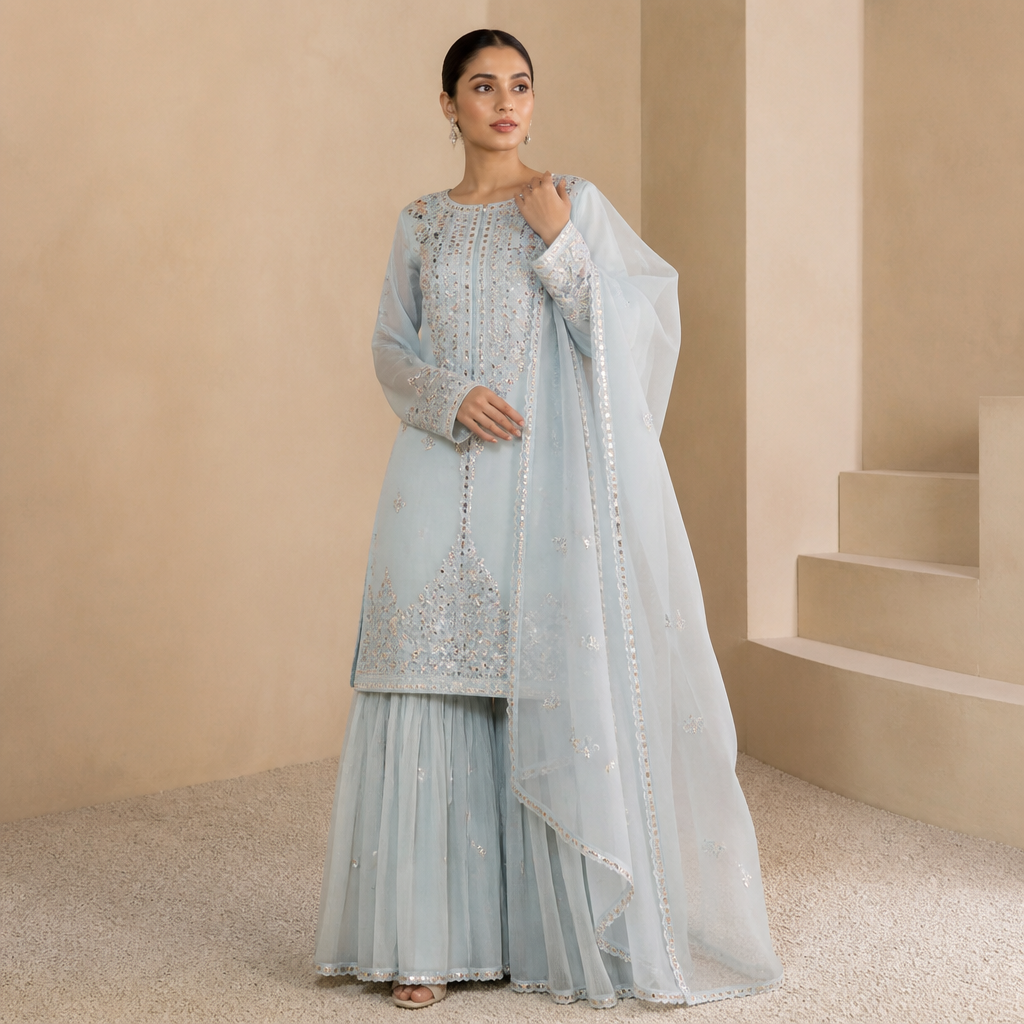 A Female fashion design. Consider Pakistani fashion — shalwar kameez, gharara, sharara; lawn fabrics, chiffon; intricate embroidery and mirror work. Current season is Summer in Pakistan.
photorealistic fashion design, A Female fashion design. Consider Pakistani fashion — shalwar kameez, gharara, sharara; lawn fabrics, chiffon; intricate embroidery and mirror work. Current season is Summer in Pakistan., just the design no text