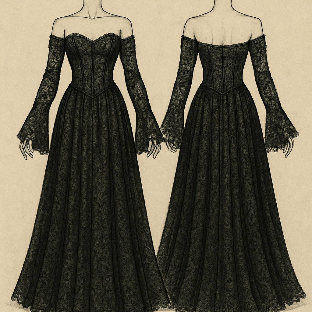 A black lace dress, corset top with off the shoulder long sleeves covering the hands as they flare out at the ends, the skirt part flows down to the feet.
A black lace dress, corset top with off the shoulder long sleeves covering the hands as they flare out at the ends, the skirt part flows down to the feet., vintage style, show front and back