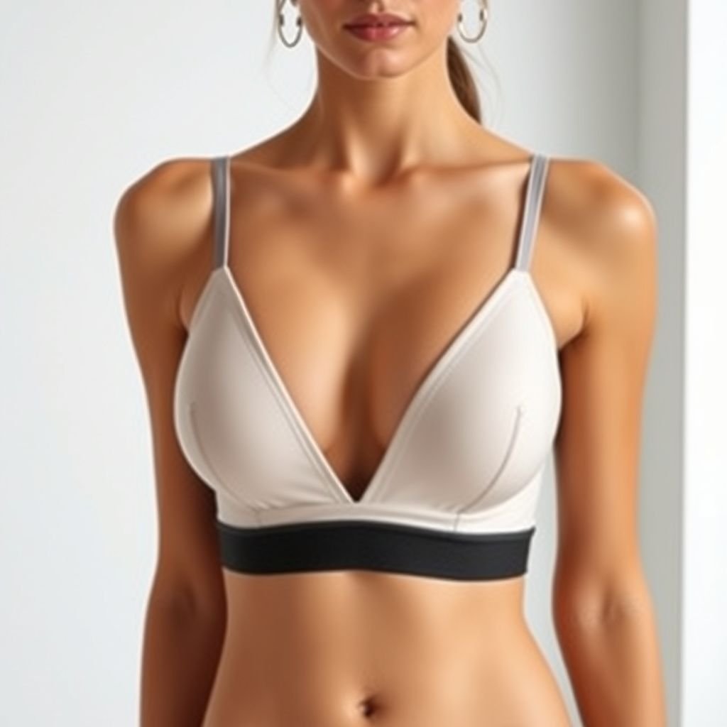 No lase. More cleavage pls. minimal. Rubber under bust - 1cm Simple. The rubber smallest. Top bra! Sport !!minimal top bra less fabric. Bra!
Design a sleek, minimalistic classic bra top, emphasizing elegance with a daring plunge that showcases the neckline. Crafted from smooth, supple rubber for a striking underbust accent, incorporate clean lines and a subtle sheen. Aim for a sporty yet sophisticated silhouette with minimal fabric, balancing boldness with timeless sophistication.