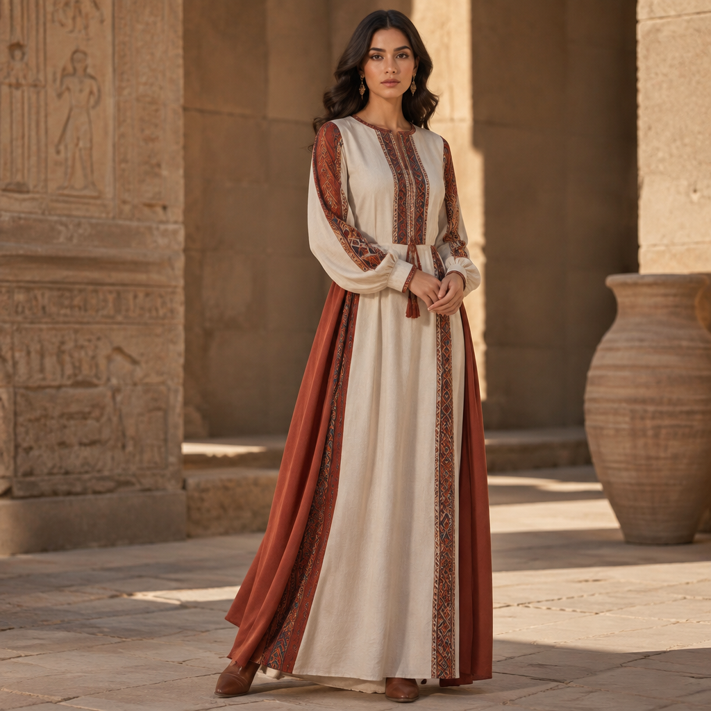A Female Dress design, suitable for Fall. Consider Egyptian fashion — flowing silhouettes, vibrant colors, cotton and linen traditions, modest yet elegant. Current season is Autumn in Egypt. Present it as professional fashion catalogue photography: the garment is the subject, shown full-length with editorial styling, neutral posing and tasteful, non-suggestive framing.
photorealistic fashion design, A Female Dress design, suitable for Fall. Consider Egyptian fashion — flowing silhouettes, vibrant colors, cotton and linen traditions, modest yet elegant. Current season is Autumn in Egypt. Present it as professional fashion catalogue photography: the garment is the subject, shown full-length with editorial styling, neutral posing and tasteful, non-suggestive framing., just the design no text