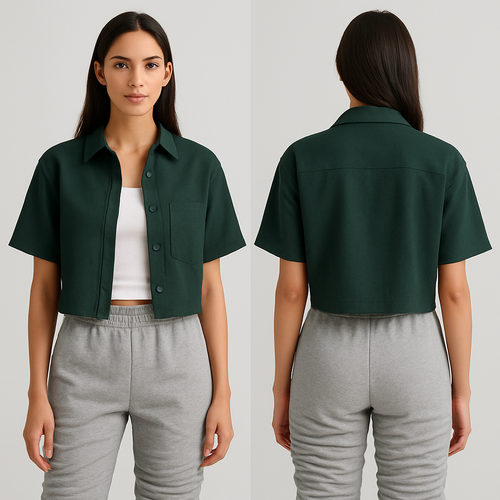 Short fitting Dark green Open boxy button up with wifebeater as undershirt and grey super super stacked sweats on woman. With hint of a sporty look in the button up