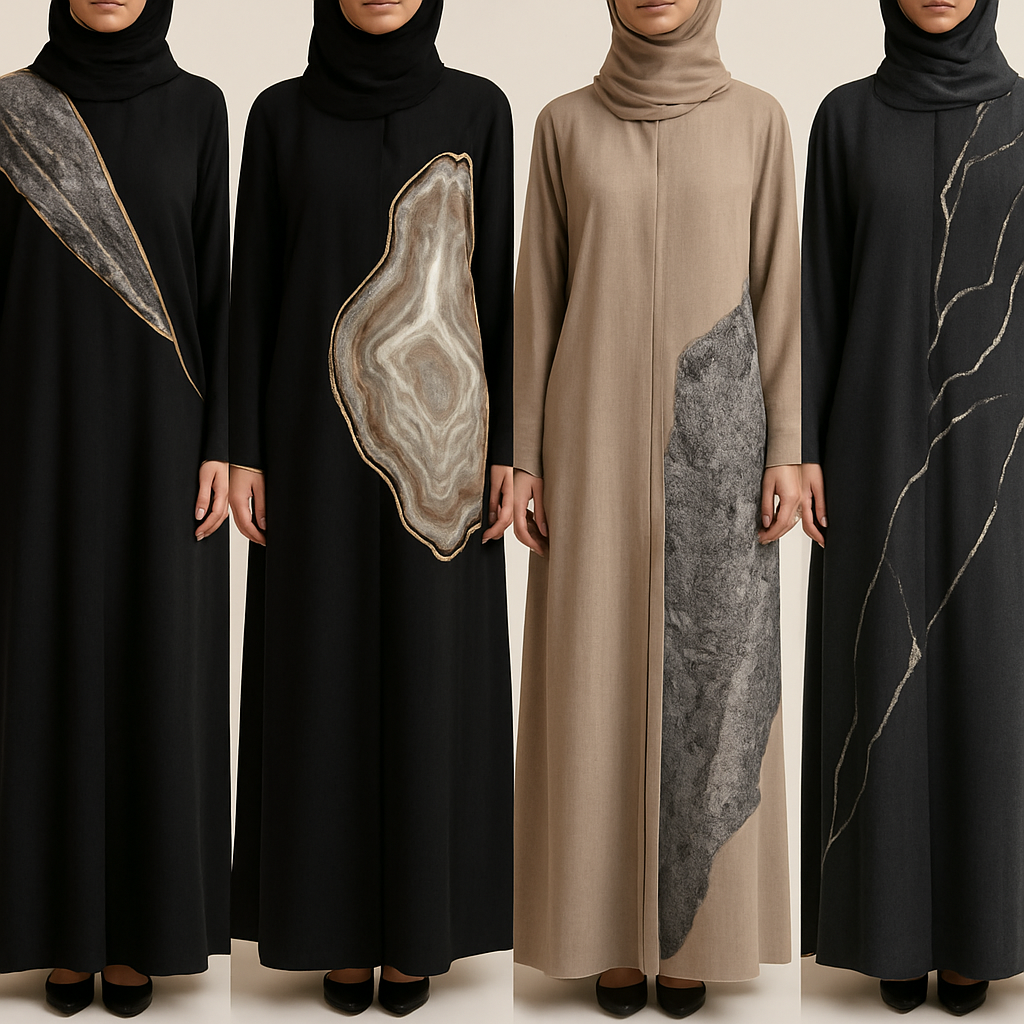 Create a modest two piece abaya that's the first of its kind, featuring a unique stone design that exudes a classy and sophisticated vibe. I'd like four designs, each showcasing different styles and fabrics.Incorporate high-end, unique chic stone designs to make them truly special. And add little cute touch of sophisticated stone designs.

Create a modest two piece abaya that's the first of its kind, featuring a unique stone design that exudes a classy and sophisticated vibe. I'd like four designs, each showcasing different styles and fabrics.Incorporate high-end, unique chic stone designs to make them truly special. And add little cute touch of sophisticated stone designs.