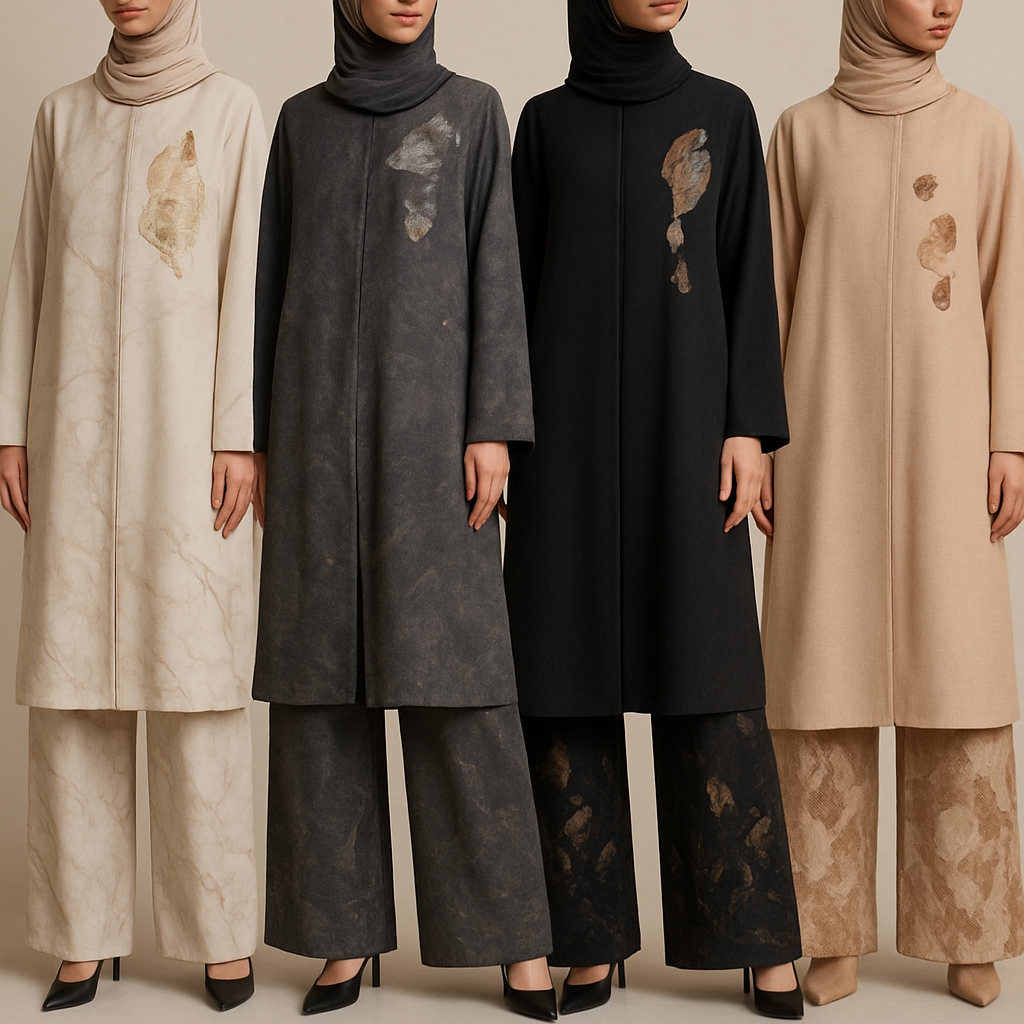 Create a modest abaya and loose pant, first of its kind, featuring a unique stone design that exudes a classy and sophisticated vibe. I'd like four designs, each showcasing different styles and fabrics. Incorporate high-end, unique chic stone designs to make them truly special. Add little sophisticated stone designs. Make it irresistible!
Create a modest abaya and loose pant, first of its kind, featuring a unique stone design that exudes a classy and sophisticated vibe. I'd like four designs, each showcasing different styles and fabrics. Incorporate high-end, unique chic stone designs to make them truly special. Add little sophisticated stone designs. Make it irresistible!