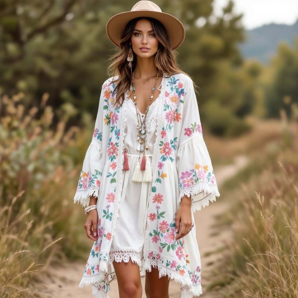 Large cut of coat , knee length, brocard fabric with some floral embroidery and beading and lace cutouts, light color ideally white base for the coat with lots of pastel and metallics
Boho Chic fashion: Flowy cotton coat, knee-length, white with pastel floral embroidery and metallic beads. Lace accents enhance bohemian charm.