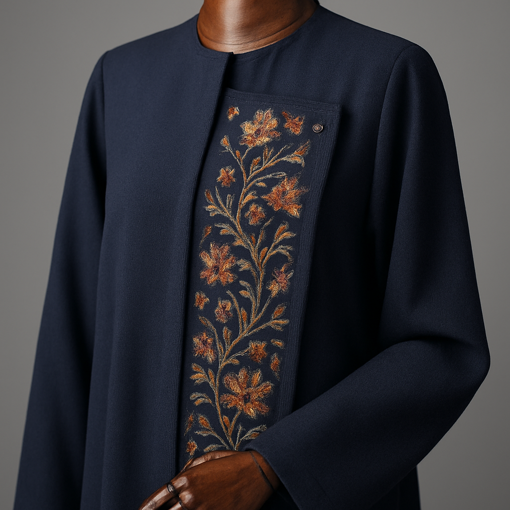 
Full‑shot photorealistic prompt (copy‑paste)
"Photorealistic studio photograph of an ankle‑length royal crepe abaya displayed on a luxury wooden mannequin. Mannequin: polished walnut finish, carved wooden joints, elegant proportions, brass adjustable stand. Abaya: ankle length (140 cm on a 170 cm form), detachable front panels with hidden snap fastenings, long straight sleeves, concealed round neckline, light waist darts, hand‑stitched kani embroidery on panels only. Show realistic crepe fabric texture, natural drape and folds, subtle sheen and true-to-life shadows. Lighting: soft directional studio lighting with subtle rim light to separate silhouette. Background: seamless neutral gray backdrop with slight floor reflection. Camera: 50mm perspective, slight three‑quarter front view, shallow depth of field (f/2.8). High resolution, ultra‑photorealistic — no sketch, no illustration, no line art, no watercolor."

Close‑up detail prompt (copy‑paste)
"Photorealistic close‑up macro of the detachable panel attachment and hand kani embroidery on a royal crepe abaya on a luxury wooden mannequin. Show thread texture, stitch depth, hidden snap fastening detail, fabric weave, and internal reinforcement. Lighting: soft macro studio lighting, high detail, 85mm macro perspective, f/4. Ultra‑photorealistic, true colors, no sketch or drawn style."


Full‑shot photorealistic prompt (copy‑paste)
"Photorealistic studio photograph of an ankle‑length royal crepe abaya displayed on a luxury wooden mannequin. Mannequin: polished walnut finish, carved wooden joints, elegant proportions, brass adjustable stand. Abaya: ankle length (140 cm on a 170 cm form), detachable front panels with hidden snap fastenings, long straight sleeves, concealed round neckline, light waist darts, hand‑stitched kani embroidery on panels only. Show realistic crepe fabric texture, natural drape and folds, subtle sheen and true-to-life shadows. Lighting: soft directional studio lighting with subtle rim light to separate silhouette. Background: seamless neutral gray backdrop with slight floor reflection. Camera: 50mm perspective, slight three‑quarter front view, shallow depth of field (f/2.8). High resolution, ultra‑photorealistic — no sketch, no illustration, no line art, no watercolor."

Close‑up detail prompt (copy‑paste)
"Photorealistic close‑up macro of the detachable panel attachment and hand kani embroidery on a royal crepe abaya on a luxury wooden mannequin. Show thread texture, stitch depth, hidden snap fastening detail, fabric weave, and internal reinforcement. Lighting: soft macro studio lighting, high detail, 85mm macro perspective, f/4. Ultra‑photorealistic, true colors, no sketch or drawn style."