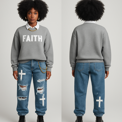 Black woman 
Afro 
White collared shirt 
Grey sweater on with faith on it
Loose ripped jeans with white crosses and a gold chain on them 
Gold jewelry 
Black platform boots 


