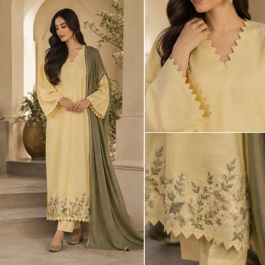 A Female Salwar Kameez design, suitable for Fall, in Elegant style. Dekho ak khadar fa fabric he light butter yellow color ka os pe ye design ho Jo pic roughly send ki he kameez ki kaftan ki Tarah long length ho choks pe ye zig zag si cut ho or Daman pe b or hand embroidery hui ho Sirf Daman pe es light butter yellow color ke Sath combination Kon sa ACHA Lage ga ye simple plain fabric he khadar ka. Design with modest coverage. Present it as professional fashion catalogue photography: the garment is the subject, shown full-length with editorial styling, neutral posing and tasteful, non-suggestive framing.
photorealistic fashion design, A Female Salwar Kameez design, suitable for Fall, in Elegant style. Dekho ak khadar fa fabric he light butter yellow color ka os pe ye design ho Jo pic roughly send ki he kameez ki kaftan ki Tarah long length ho choks pe ye zig zag si cut ho or Daman pe b or hand embroidery hui ho Sirf Daman pe es light butter yellow color ke Sath combination Kon sa ACHA Lage ga ye simple plain fabric he khadar ka. Design with modest coverage. Present it as professional fashion catalogue photography: the garment is the subject, shown full-length with editorial styling, neutral posing and tasteful, non-suggestive framing., elegant style, just the design no text