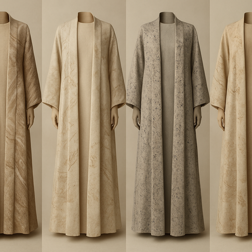 Create a modest two-piece linen abaya, the first of its kind, featuring a unique stone design that exudes a classy and sophisticated vibe. I’d like four designs, each showcasing different styles and fabrics. Incorporate high-end, unique chic stone designs to make them truly special. Add little sophisticated stone designs.