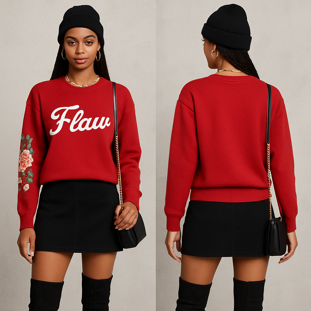 Red Sweater shirt with Flaw in cursive on it in white with pretty flowers on one sleeve short skirt thigh high boots gold chain corn rows black crossbody purse gold chain with skirt gold earrings and bracelet leg gold rings black beanie
Red Sweater shirt with Flaw in cursive on it in white with pretty flowers on one sleeve short skirt thigh high boots gold chain corn rows black crossbody purse gold chain with skirt gold earrings and bracelet leg gold rings black beanie , streetwear style, show front and back