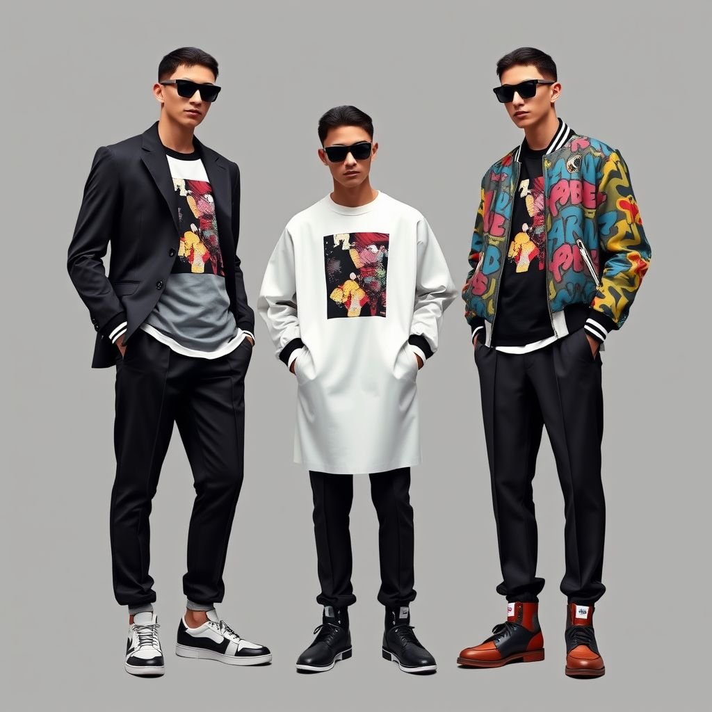 Corporate mixed with street
Imagine a fusion of corporate sophistication and urban streetwear: tailored blazers with oversized graphic tees, sleek pleated trousers paired with high-top sneakers, and polished leather loafers alongside vibrant bomber jackets. The color palette blends muted corporate hues with bold, graffiti-inspired patterns, creating a striking juxtaposition of professionalism and rebellion.