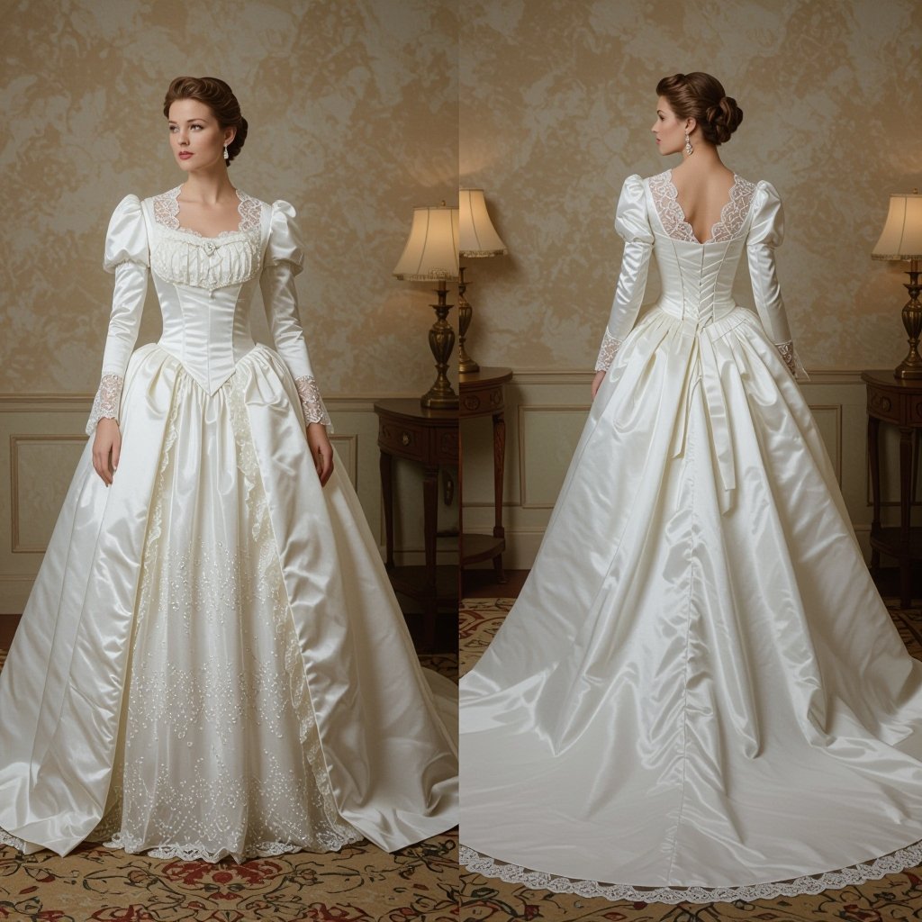 Huge white Wedding dress
Vintage fashion: Huge white satin Wedding dress, Victorian style, with lace trim, long sleeves, and a full skirt.
