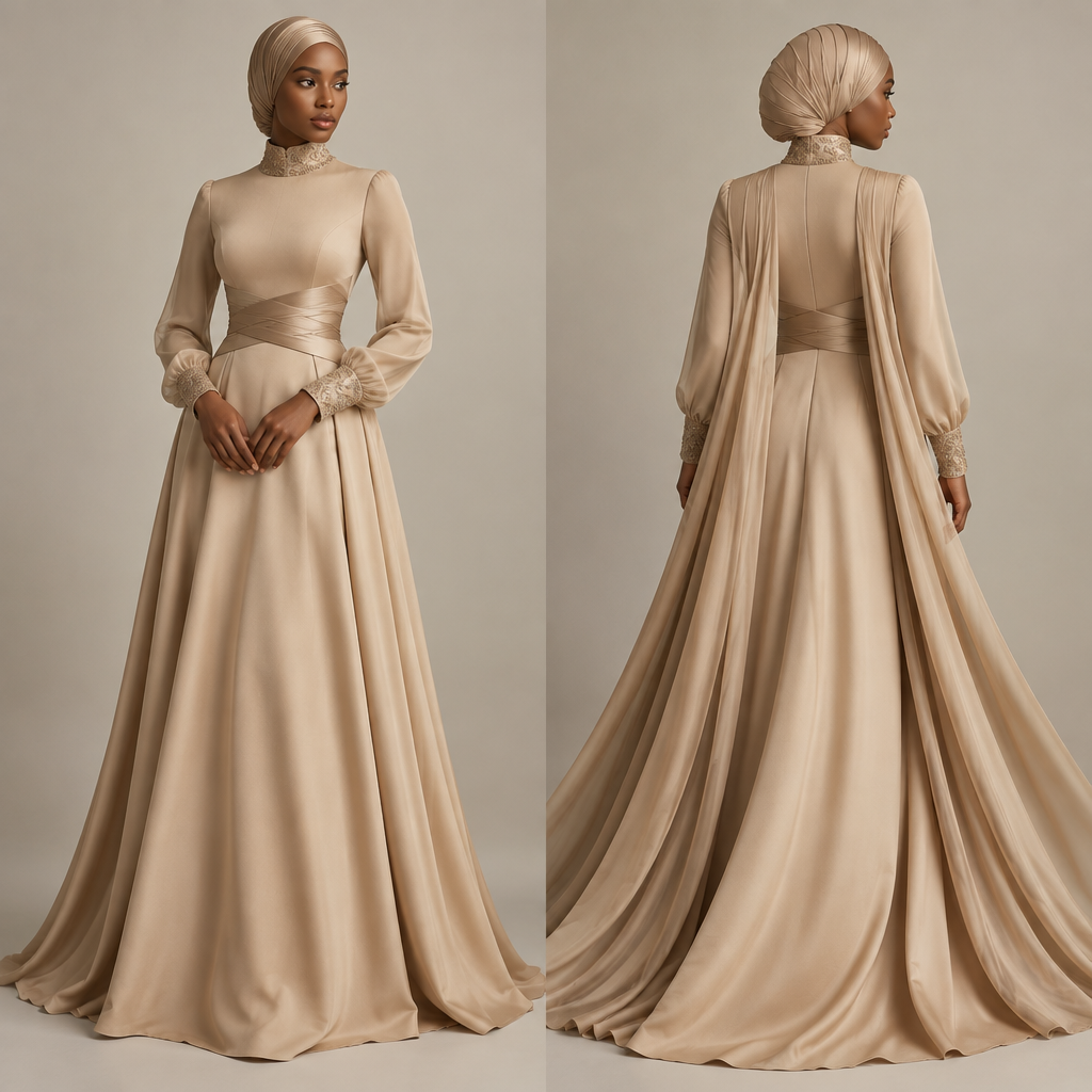 Create an original high-fashion modest outfit called “Quiet Luxury.”
Design a sophisticated floor-length A-line dress with a beautifully tailored silhouette, long sleeves, and a high neckline. Keep the front clean and minimal, with the luxury coming from the tailoring, fabric, and subtle construction details.
Add an elegant structured waist panel that gently defines the shape without being tight. Include long, flowing fabric panels from the back that create graceful movement when walking.
Use luxurious warm champagne-beige silk crepe with a slightly darker beige satin for the structured waist detail. Add extremely subtle tonal embroidery around the cuffs and neckline.
The overall design should feel expensive, timeless, feminine, modern, and effortlessly elegant, with a subtle African luxury-fashion influence. Fully modest: no slit, no transparency, no exposed midriff, and no deep neckline.
Make it realistic and wearable rather than costume-like. Present it as a professional couture fashion design, full-body view, clean studio background, elegant lighting, highly detailed fabric texture and construction. No text, no logos, no watermark.
photorealistic fashion design, Create an original high-fashion modest outfit called “Quiet Luxury.”
Design a sophisticated floor-length A-line dress with a beautifully tailored silhouette, long sleeves, and a high neckline. Keep the front clean and minimal, with the luxury coming from the tailoring, fabric, and subtle construction details.
Add an elegant structured waist panel that gently defines the shape without being tight. Include long, flowing fabric panels from the back that create graceful movement when walking.
Use luxurious warm champagne-beige silk crepe with a slightly darker beige satin for the structured waist detail. Add extremely subtle tonal embroidery around the cuffs and neckline.
The overall design should feel expensive, timeless, feminine, modern, and effortlessly elegant, with a subtle African luxury-fashion influence. Fully modest: no slit, no transparency, no exposed midriff, and no deep neckline.
Make it realistic and wearable rather than costume-like. Present it as a professional couture fashion design, full-body view, clean studio background, elegant lighting, highly detailed fabric texture and construction. No text, no logos, no watermark., just the design no text