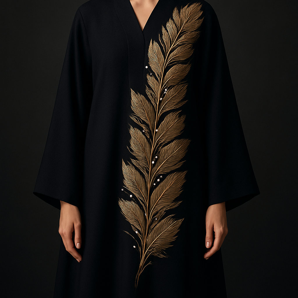 The Golden Feather Bloom Abaya
Tone: Onyx black
Design:
Handmade metallic gold feather petals arranged across one side with delicate embroidery.
Embellishment:
Champagne stones placed between feathers for a couture glow.
Vibe: Dramatic couture with modern softness.
The Golden Feather Bloom Abaya
Tone: Onyx black
Design:
Handmade metallic gold feather petals arranged across one side with delicate embroidery.
Embellishment:
Champagne stones placed between feathers for a couture glow.
Vibe: Dramatic couture with modern softness.