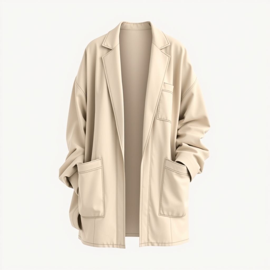 oversized casual blazer for women with open long sleeves
Design a laid-back, oversized blazer for women, featuring relaxed open long sleeves and a soft, lightweight fabric. Incorporate a muted pastel color palette for a fresh, effortless look. Add large patch pockets and subtle stitching details for interest, emphasizing comfort and versatility, perfect for both casual outings and cozy gatherings.
