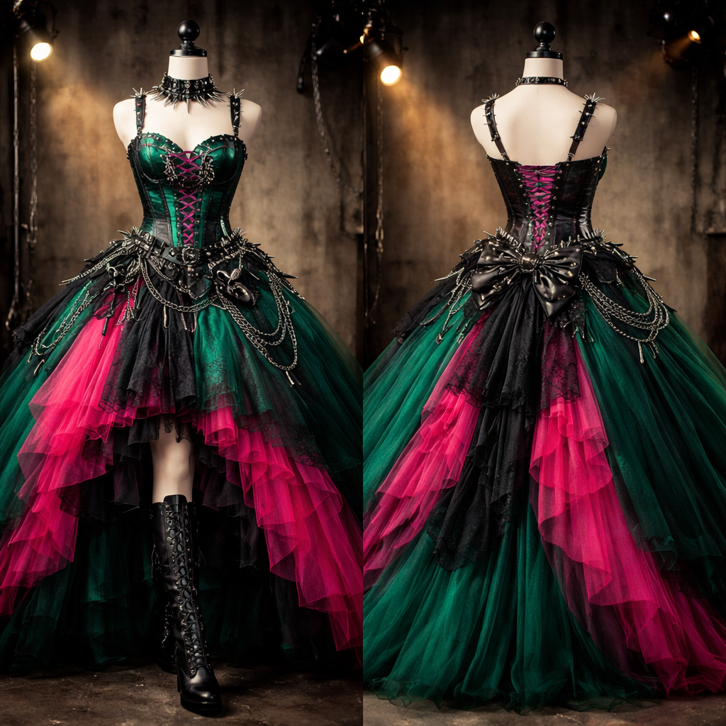 a emerald green and pink ball gown
a emerald green and pink ball gown , punk style, show front and back