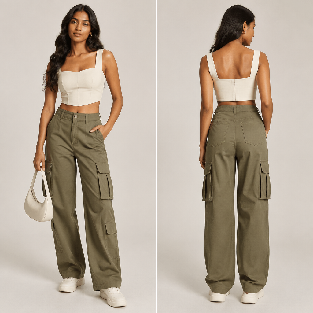 A Female Dress design, suitable for Summer, in Casual + Classic + Formal style, shown on a model with brown skin. choose the best type of crop top with cargo trousers Present it as professional fashion catalogue photography: the garment is the subject, shown full-length with editorial styling, neutral posing and tasteful, non-suggestive framing.
photorealistic fashion design, A Female Dress design, suitable for Summer, in Casual + Classic + Formal style, shown on a model with brown skin. choose the best type of crop top with cargo trousers Present it as professional fashion catalogue photography: the garment is the subject, shown full-length with editorial styling, neutral posing and tasteful, non-suggestive framing., casual style, just the design no text, show front and back