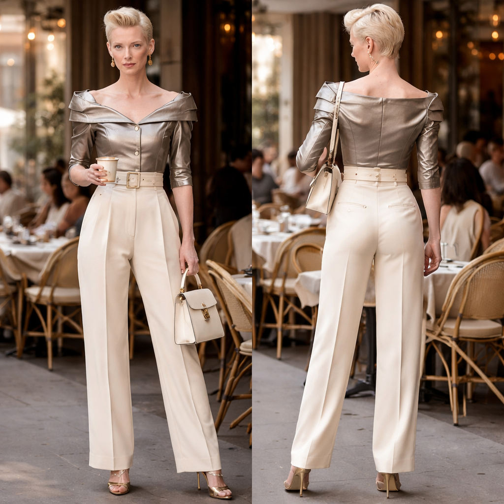 Tilda Swinton
Trousers
Coffee date
WGSN trend : future armour
Tilda Swinton
Trousers
Coffee date
WGSN trend : future armour
, fifties style, show front and back