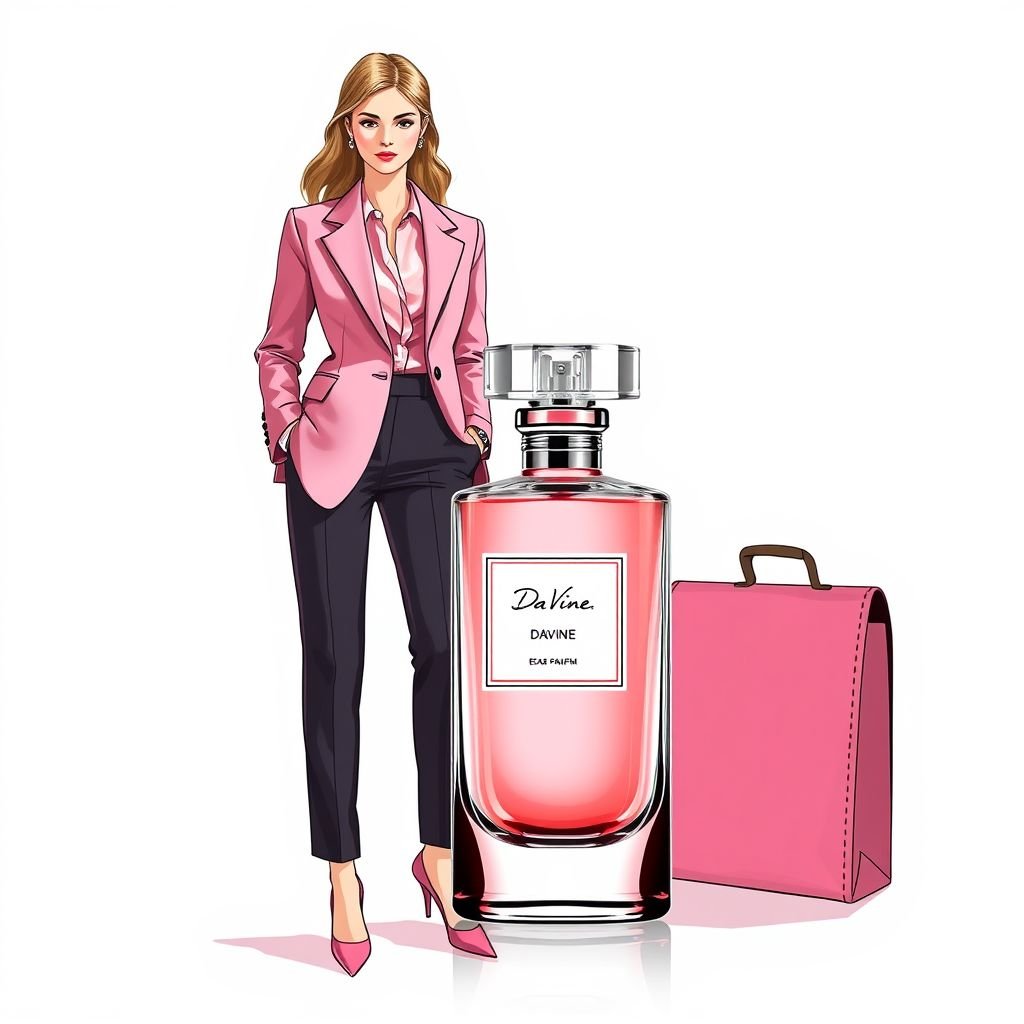 Woman pink eau de perfume bottle with the name “Da’Vine” on it. With DV on it.
Design a sophisticated business attire inspired by a chic pink eau de parfum bottle named "Da'Vine." Imagine a tailored blazer in soft pink, adorned with elegant DV motifs and sleek lines, paired with tailored trousers. Accentuate the look with a silk blouse, embodying confidence and femininity in the corporate world.