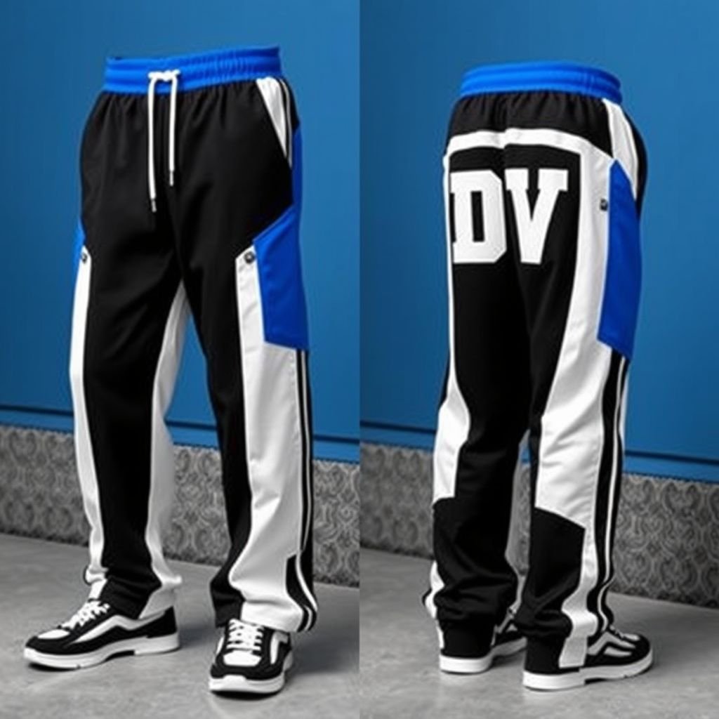 Streetrush Men's Street Sporty Academy Style, Street Hip-Hop Oversized. These Black And White Color-Block Design Ultra-Wide Sports Sweatpants Feature Multiple Stripes, Black With blue Paneling Design, And Front And Back Pattern Designs, Along With A Creative Double Waistband. They Are Suitable For All-Season Wear, Embody Street Rock Aesthetics, And Are Perfect For Music Festivals And Everyday Outfits, Making Them An Excellent Gift For Boyfriends Or Husbands. This Style Reflects Y2K Streetwear ,Men's Two-Tone Outdoor Sports , Chicago Jersey , Streetwear , Streetwear Sweatpants. Put “DV” somewhere on it.
Introducing the ultimate **Streetrush Men's Street Sporty Academy Style** pants, a bold fusion of Y2K aesthetics and contemporary streetwear. These black-and-white, ultra-wide sports sweatpants boast a dynamic color-block design, accented with vibrant blue paneling. Featuring an innovative double waistband and striking front-back graphics, the pants are lifestyle staples, perfect for music festivals and urban adventures. The chunky stripes evoke vintage Chicago jersey vibes, while “DV” adds a personal touch. Perfect for any occasion, these stylish sweatpants are the go-to gift for boyfriends or husbands, embodying a unique blend of streetwear and sporty sophistication. Ideal for all-season wear!