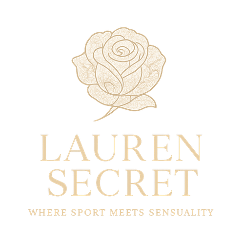 Elegant logo for a women’s activewear brand named Lauren Secret. A rose with lace-inspired details inside the petals, symbolizing sensuality and femininity. Delicate, intricate linework with floral lace textures. Colors: white, blush beige, light gold. Typeface: modern serif, thin and refined. Include slogan: “Where sport meets sensuality.” Style: high-end, feminine, romantic yet modern, inspired by luxury bridal fashion.