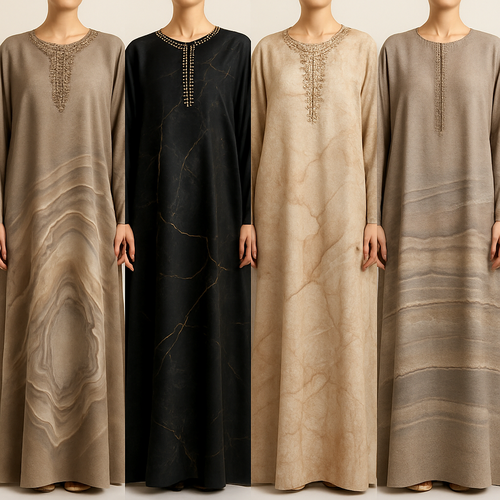 Create a modest boubou, the first of its kind, featuring a unique stone design that exudes a classy and sophisticated vibe. I'd like four designs, each showcasing different styles and fabrics. Incorporate high-end, unique chic stone designs to make them truly special. Add little sophisticated stone designs.