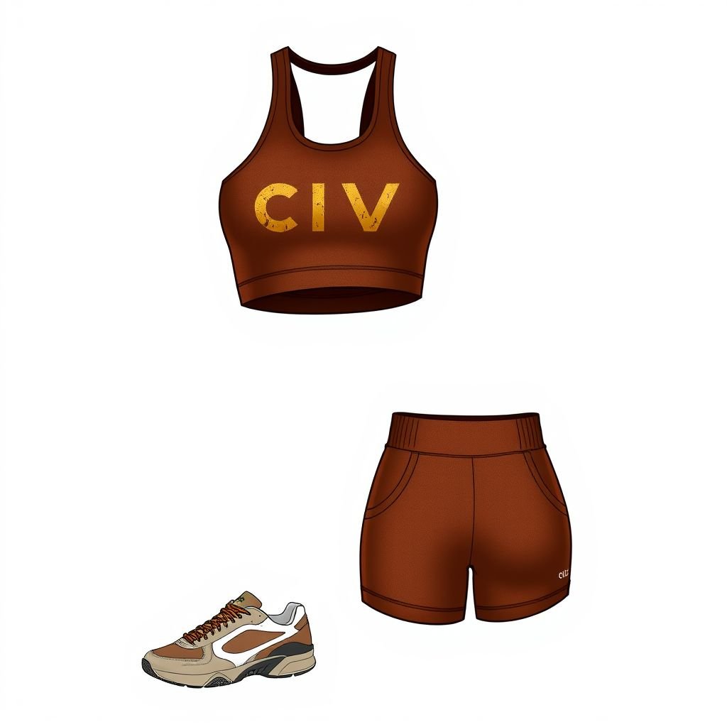 Short set sportwear, unique and sexy in brown with CIV on both.
Design a chic short set sportswear ensemble featuring a fitted, cropped tank top and matching high-waisted shorts in a rich chestnut brown. The fabric shimmers subtly, highlighting the body's contours. Embellish with artistic CIV lettering in metallic gold, adding an edgy contrast. Complete with stylish sneakers for a bold athletic look.
