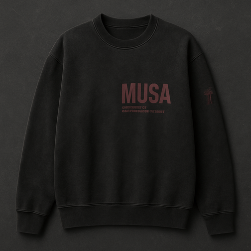 Design a slightly oversized crewneck sweatshirt for the brand MUSA (Minds Under Sophisticated Authority). Style should be minimalist, moody, and underground with streetwear and athletic vibes. Color palette: washed black, maroon, muted charcoal. Include a small chest logo ‘MUSA’ in bold geometric sans-serif font (like Bebas Neue, Gotham, or Archivo Black), all caps, tight letter spacing. Optional subtext: ‘Minds Under Sophisticated Authority’ in small clean font. Avoid stripes or busy graphics. Fabric look: garment-dyed cotton, soft vintage finish. Include subtle back print or sleeve embroidery with cryptic number or symbol.i want it to resemble a merge of enfants riches deprimes brand and the brand 74iswar

