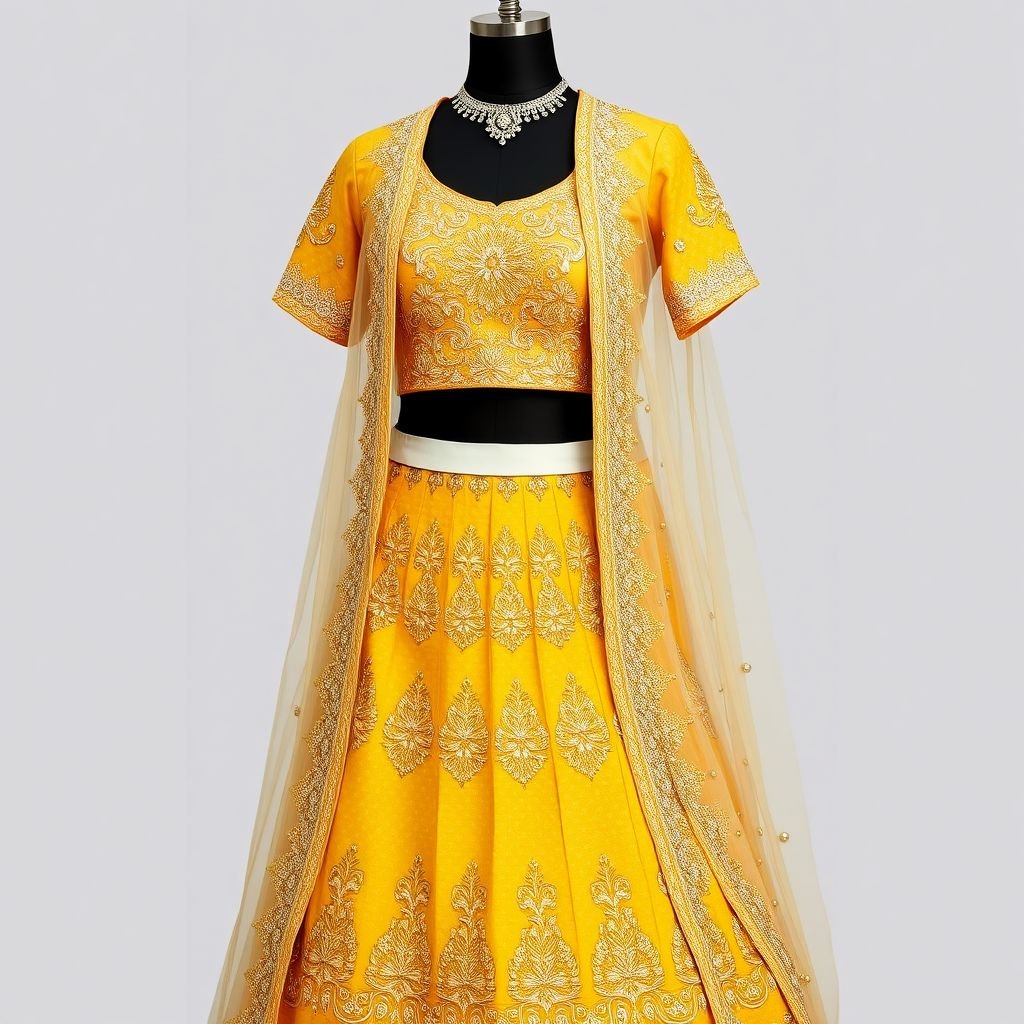 Mustard yellow lehenga with modern touch with white belt and short sleeve
Design a vibrant mustard yellow lehenga, characterized by intricate gold brocade detailing. Infuse contemporary flair with a structured white belt, accentuating the waist. Incorporate short sleeves adorned with delicate embroidery for a chic twist. Complete the look with a sheer, embellished dupatta, blending traditional Indian elegance with modern sophistication.