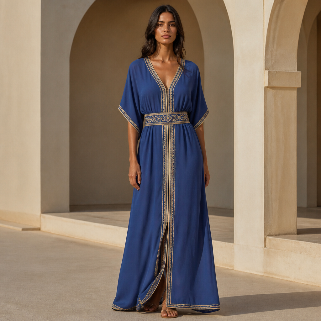 A Female Dress design, suitable for Summer, shown on a model with an athletic build. I want a long blue marin dress with a V neck. Morocco fashion aesthetics. Present it as professional fashion catalogue photography: the garment is the subject, shown full-length with editorial styling, neutral posing and tasteful, non-suggestive framing.
photorealistic fashion design, A Female Dress design, suitable for Summer, shown on a model with an athletic build. I want a long blue marin dress with a V neck. Morocco fashion aesthetics. Present it as professional fashion catalogue photography: the garment is the subject, shown full-length with editorial styling, neutral posing and tasteful, non-suggestive framing., just the design no text