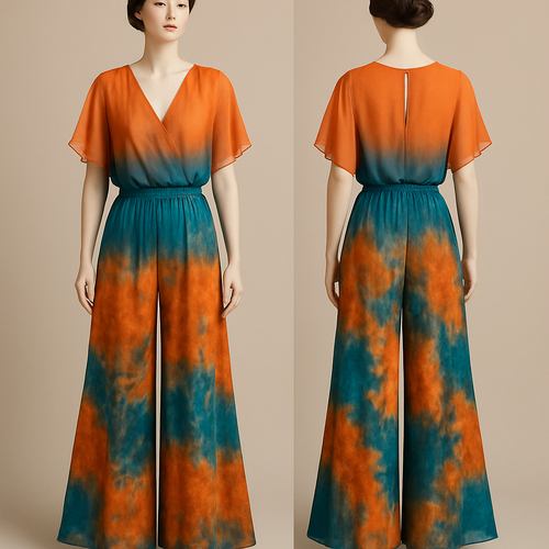Create one of a kind orange and ocean blue  palazzo pant made from beautiful tie & dye fabric with a beautiful two tone chiffon top designed for high end fashionista that will make it look sophisticated and gorgeous on a mannequin with a face