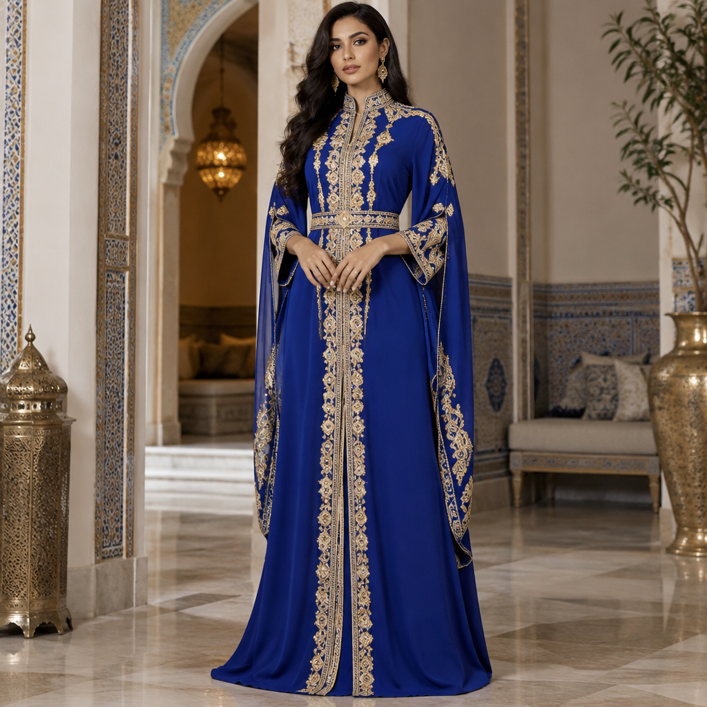 A Female Kaftan design, with a sleek, smooth finish, with a Bodycon silhouette, with modest, full coverage: longer hemlines, higher necklines and covered shoulders, in a Bold & Bright color palette, for Party, in Elegant style, shown on a model with medium skin tone and a slim figure. Algeria fashion aesthetics. Present it as professional fashion catalogue photography: the garment is the subject, shown full-length with editorial styling, neutral posing and tasteful, non-suggestive framing.
photorealistic fashion design, A Female Kaftan design, with a sleek, smooth finish, with a Bodycon silhouette, with modest, full coverage: longer hemlines, higher necklines and covered shoulders, in a Bold & Bright color palette, for Party, in Elegant style, shown on a model with medium skin tone and a slim figure. Algeria fashion aesthetics. Present it as professional fashion catalogue photography: the garment is the subject, shown full-length with editorial styling, neutral posing and tasteful, non-suggestive framing., elegant style, just the design no text