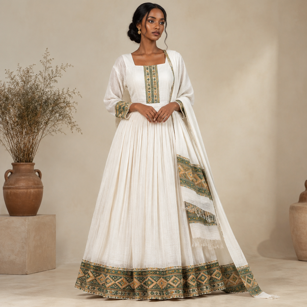 A Female Dress design, suitable for Summer. Consider Ethiopian fashion — habesha kemis, netela shawls, intricate hand-weaving, white cotton traditions. Present it as professional fashion catalogue photography: the garment is the subject, shown full-length with editorial styling, neutral posing and tasteful, non-suggestive framing.
photorealistic fashion design, A Female Dress design, suitable for Summer. Consider Ethiopian fashion — habesha kemis, netela shawls, intricate hand-weaving, white cotton traditions. Present it as professional fashion catalogue photography: the garment is the subject, shown full-length with editorial styling, neutral posing and tasteful, non-suggestive framing., just the design no text