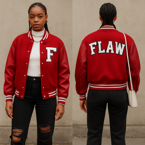Red letterman jacket with FLAW on it with flowers white turtleneck short sleeves 
Gold necklace 
Black ripped jeans white heel boots gold rings Gold bracelet 
Corn rows 
White crossbody purse 
