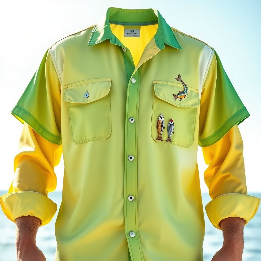 Green, Yellow and White fishing shirt
Design a relaxed-fit fishing shirt that combines vibrant green, playful yellow, and crisp white. Crafted from lightweight, breathable fabric, it features oversized pockets with fishing lure embroidery. Flowy sleeves provide comfort, while a fish-scale pattern subtly shimmers in the sunlight, making this shirt perfect for both adventure and casual outings.