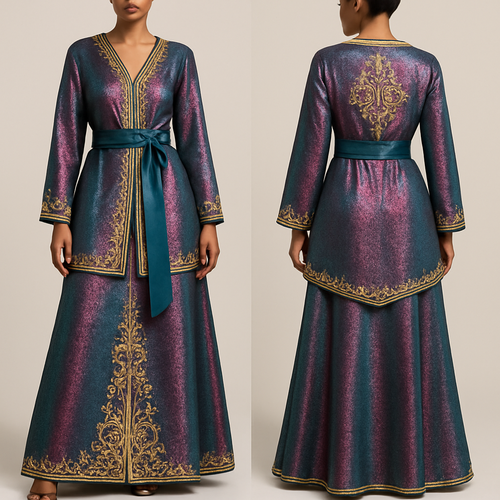 Create a 2 piece takshita in petrol/pink lamé fabric that shimmers. Sfifa and zwaq maalam should be gold. The tahtiya should be petrol satin fabric