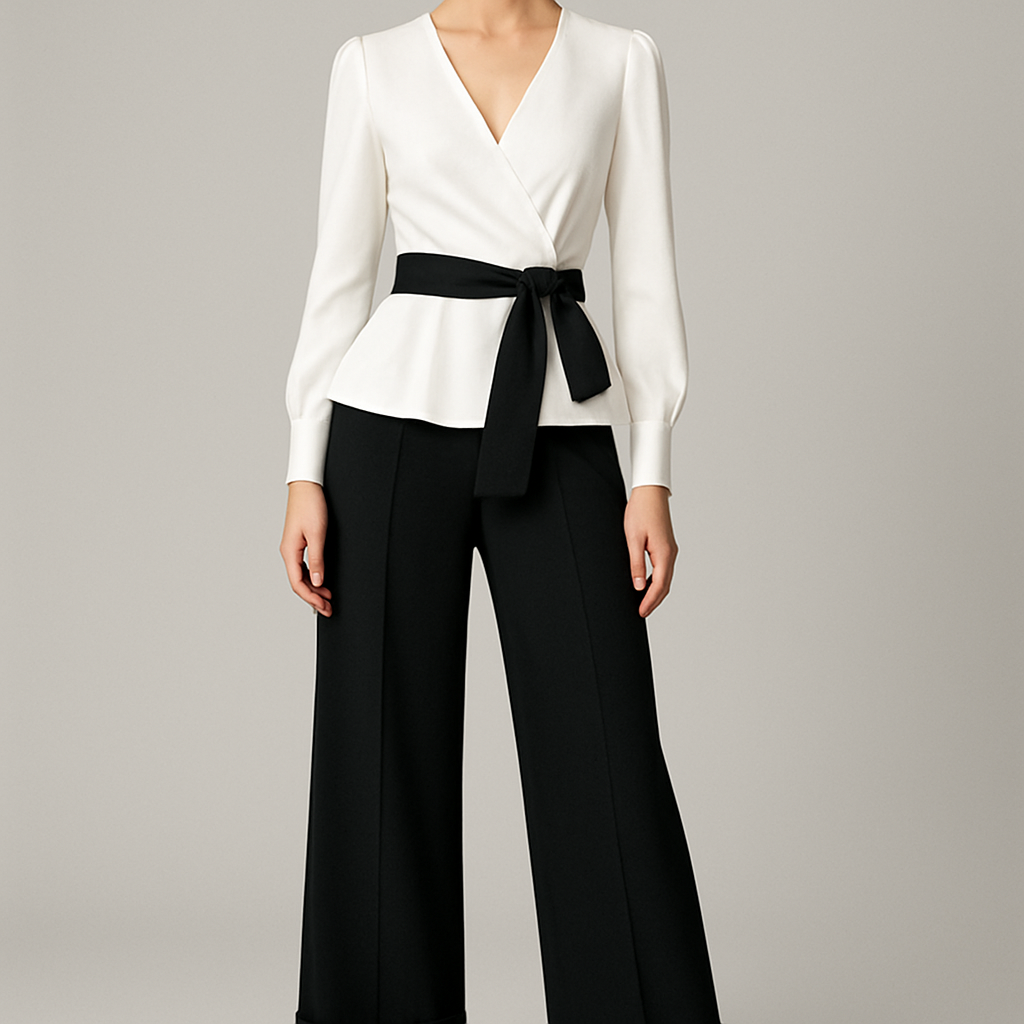 White / Black work blouse jumper v neck belt around the waist and wide legs pants with belts scrap around the ankles part
White / Black work blouse jumper v neck belt around the waist and wide legs pants with belts scrap around the ankles part, elegant style