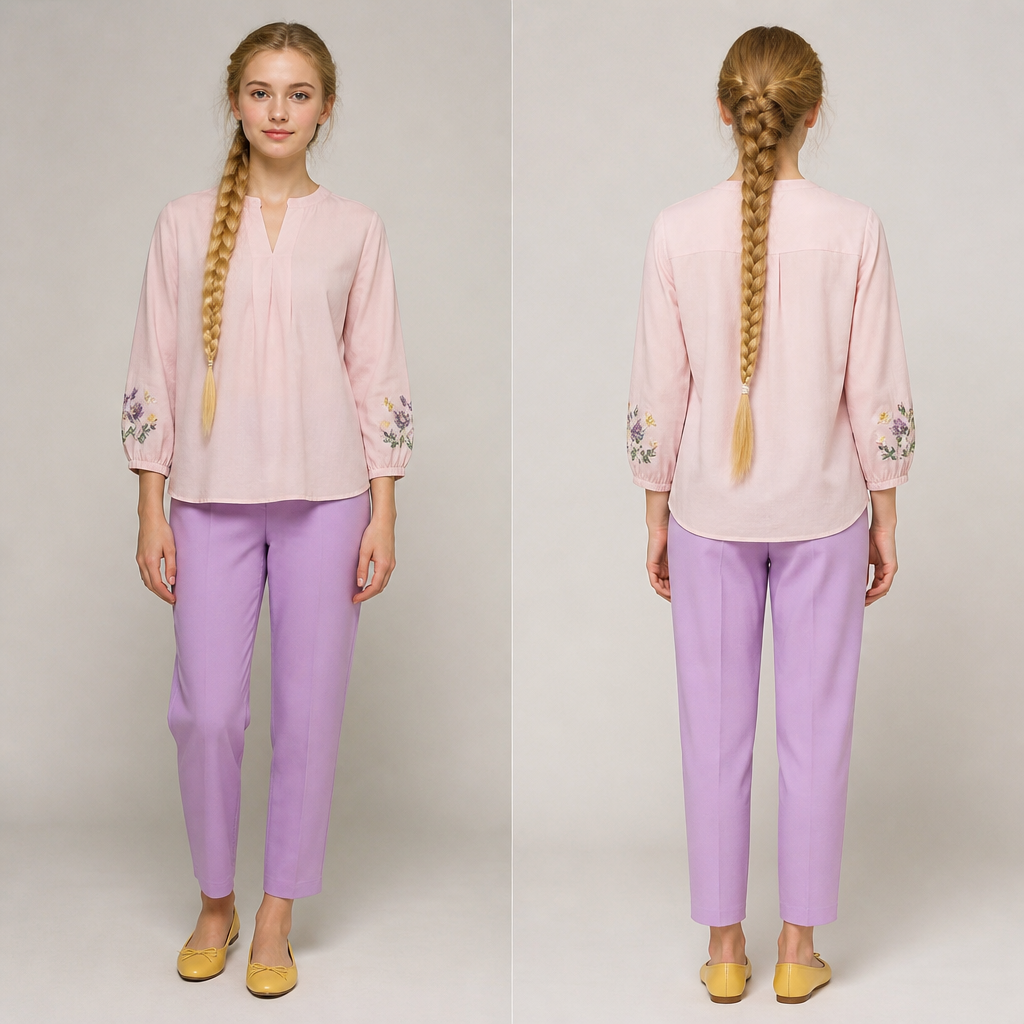 A European 18 year old teenage girl with golden blonde hair in a very long braid with a light pink blouse with floral details at the sleeves and lilac pants and yellow ballerina shoes and it needs to be School appropriate
photorealistic fashion design, A European 18 year old teenage girl with golden blonde hair in a very long braid with a light pink blouse with floral details at the sleeves and lilac pants and yellow ballerina shoes and it needs to be School appropriate , artisanal style, just the design no text, show front and back