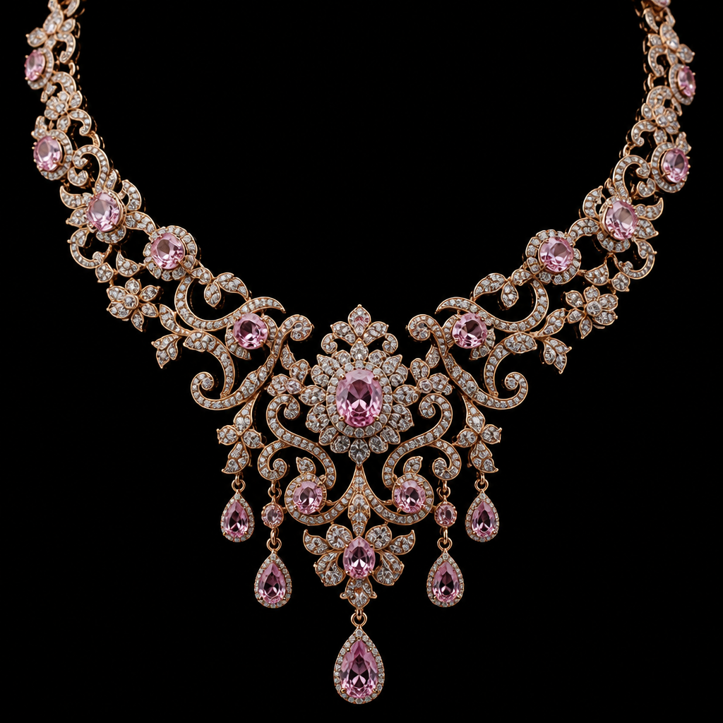Pink Diamond Necklace, Black Background, Product Photo
photorealistic fashion design, Pink Diamond Necklace, Black Background, Product Photo, rococo style, just the design no text