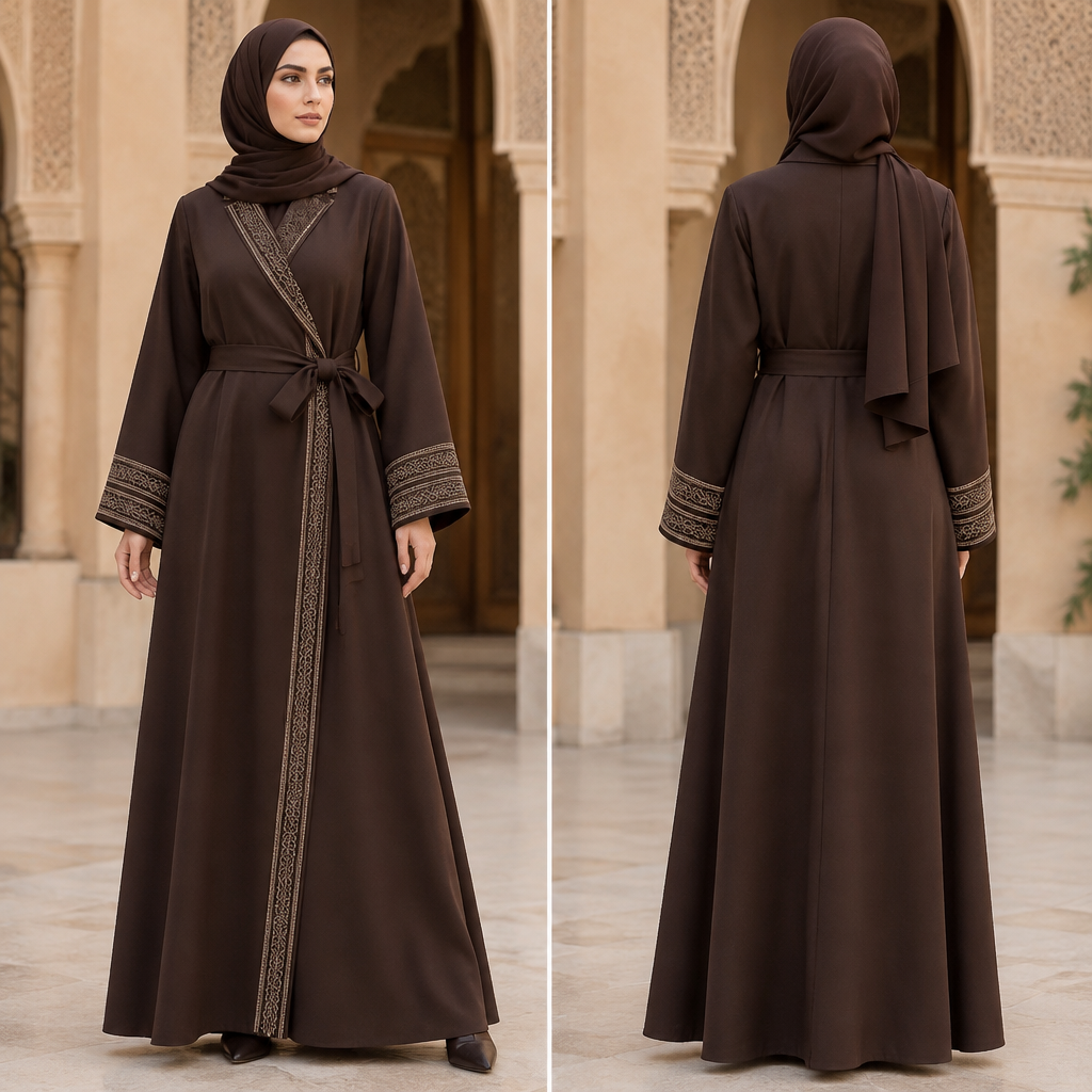 A Female Dress design, with modest, full coverage: longer hemlines, higher necklines and covered shoulders, suitable for Fall. عبايه كروازي. Morocco fashion aesthetics. Present it as professional fashion catalogue photography: the garment is the subject, shown full-length with editorial styling, neutral posing and tasteful, non-suggestive framing.
photorealistic fashion design, A Female Dress design, with modest, full coverage: longer hemlines, higher necklines and covered shoulders, suitable for Fall. عبايه كروازي. Morocco fashion aesthetics. Present it as professional fashion catalogue photography: the garment is the subject, shown full-length with editorial styling, neutral posing and tasteful, non-suggestive framing., just the design no text, show front and back