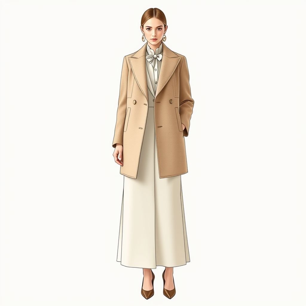 Classic, elegante and minimalista
Design a classic, elegant, and minimalist ensemble featuring a tailored, double-breasted coat in soft cashmere. Underneath, a silk blouse with a delicate high collar complements a floor-length A-line skirt. Choose a neutral color palette, accentuated by understated gold accessories and sleek, pointed-toe pumps for an effortlessly sophisticated look.