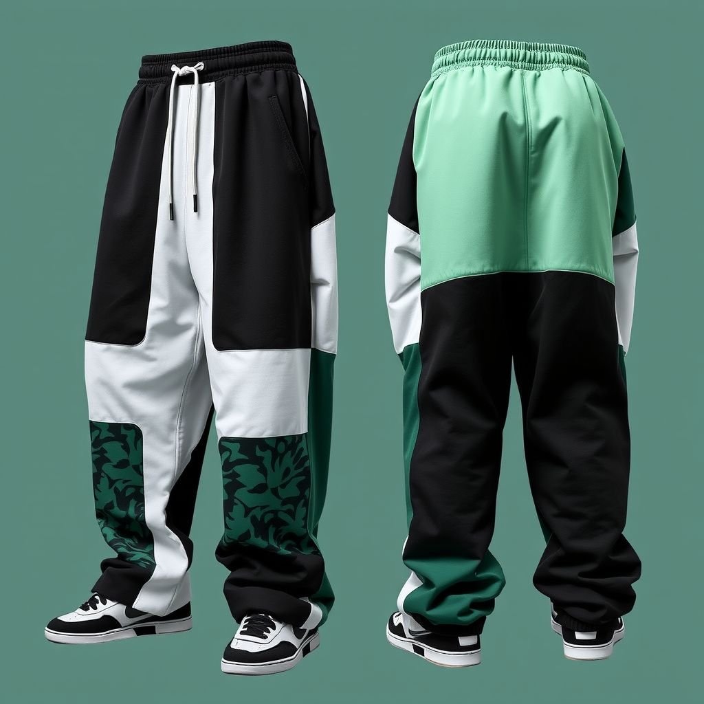 Streetrush Men's Street Sporty Academy Style, Street Hip-Hop Oversized. These Black And White Color-Block Design Ultra-Wide Sports Sweatpants Feature Multiple Stripes, dark green and pastel green Paneling Design, And Front And Back Pattern Designs, Along With A Creative Double Waistband. They Are Suitable For All-Season Wear, Embody Street Rock Aesthetics, And Are Perfect For Music Festivals And Everyday Outfits, Making Them An Excellent Gift For Boyfriends Or Husbands. This Style Reflects Y2K Streetwear ,Men's Two-Tone Outdoor Sports , Chicago Jersey , Streetwear , Streetwear Sweatpants. Put “DV” somewhere on it.
Introducing the "DV Streetrush," a bold fusion of Y2K streetwear aesthetics and contemporary vibes. These oversized black and white color-block sweatpants showcase dynamic dark green and pastel green paneling, featuring striking, abstract patterns on the front and back. The innovative double waistband ensures a secure fit, perfect for music festivals or urban strolls. Versatile and stylish, they embody the essence of men's street hip-hop fashion, inspired by Chicago's iconic jersey culture. A must-have addition to any street-savvy wardrobe!