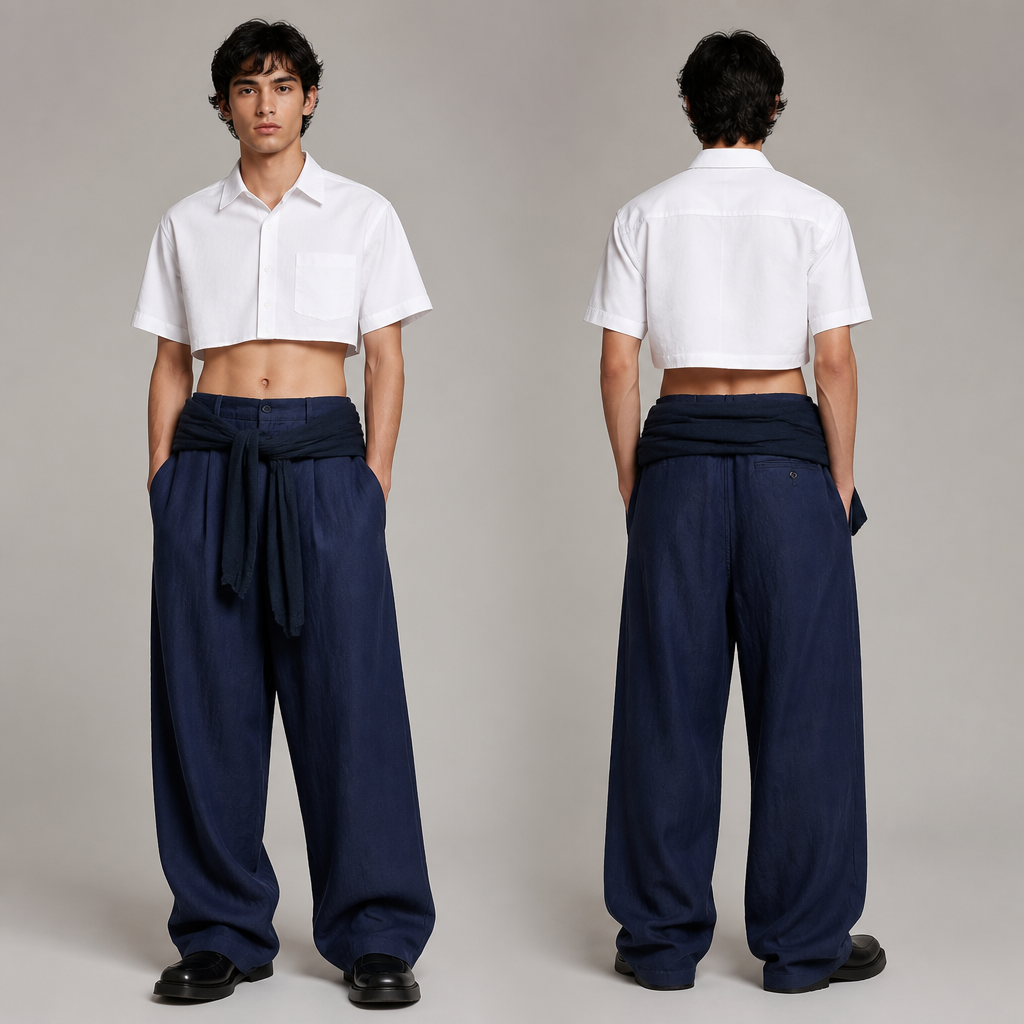 photorealistic fashion design, photorealistic fashion design, A Unisex Activewear design, made of Linen, in Americana + Gen Z style. camisa blanca super corta, pantalón flojo celeste marino, suéter celeste marino y zapatos negros. Mexico fashion aesthetics., americana style, just the design no text, show front and back. Refinement: camisa corta totalmente blanca , just the design no text. Refinement: el suéter amarrado en la cintura
photorealistic fashion design, photorealistic fashion design, photorealistic fashion design, A Unisex Activewear design, made of Linen, in Americana + Gen Z style. camisa blanca super corta, pantalón flojo celeste marino, suéter celeste marino y zapatos negros. Mexico fashion aesthetics., americana style, just the design no text, show front and back. Refinement: camisa corta totalmente blanca , just the design no text. Refinement: el suéter amarrado en la cintura , just the design no text