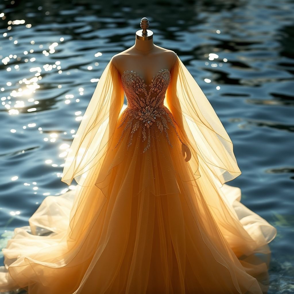 Gold flair long layered gown with sparkly details and toole
Imagine a breathtaking gold flair gown featuring cascading layers that shimmer like sunlight on water. Intricate sparkly details encrust the bodice, creating a dazzling effect, while delicate tulle overlays add ethereal softness. The gown's silhouette flows gracefully to the floor, evoking a sense of timeless elegance and enchanting grace for any gala.