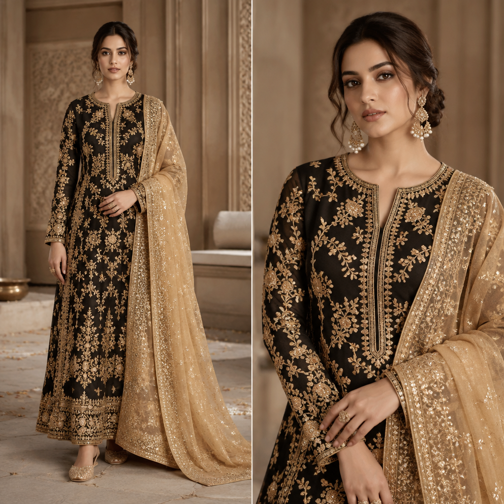 A Female Dress design, suitable for Fall. remove the brown shade from that picture and add golden printed design in that space and the duppatta must golden colour with work. India fashion aesthetics. Present it as professional fashion catalogue photography: the garment is the subject, shown full-length with editorial styling, neutral posing and tasteful, non-suggestive framing.
photorealistic fashion design, A Female Dress design, suitable for Fall. remove the brown shade from that picture and add golden printed design in that space and the duppatta must golden colour with work. India fashion aesthetics. Present it as professional fashion catalogue photography: the garment is the subject, shown full-length with editorial styling, neutral posing and tasteful, non-suggestive framing., just the design no text