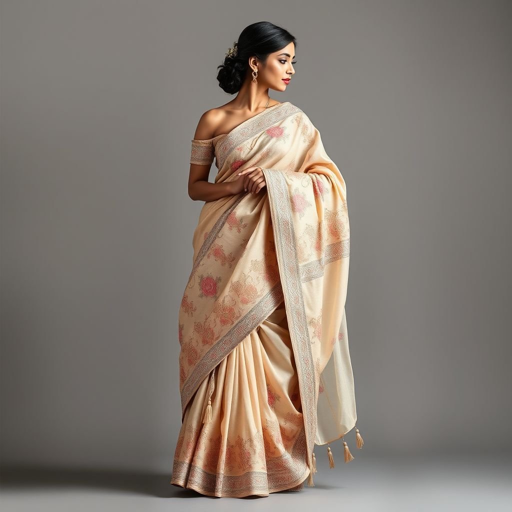 Saree bohemian style plated pallu
Design an elegant saree with a bohemian twist: rich, flowing fabric drapes gracefully, featuring an intricately plated pallu adorned with delicate floral embroidery. Soft, muted pastel tones blend harmoniously, while tassels and subtle embellishments add sophistication. Pair with a chic off-shoulder blouse, evoking a timeless elegance perfect for any celebration.